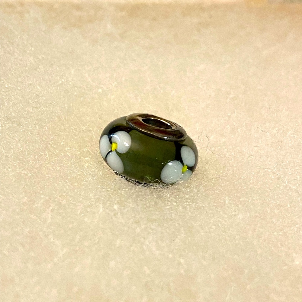 Pandora Murano “black flowers” glass charm, vintage 925 ALE, silver.
